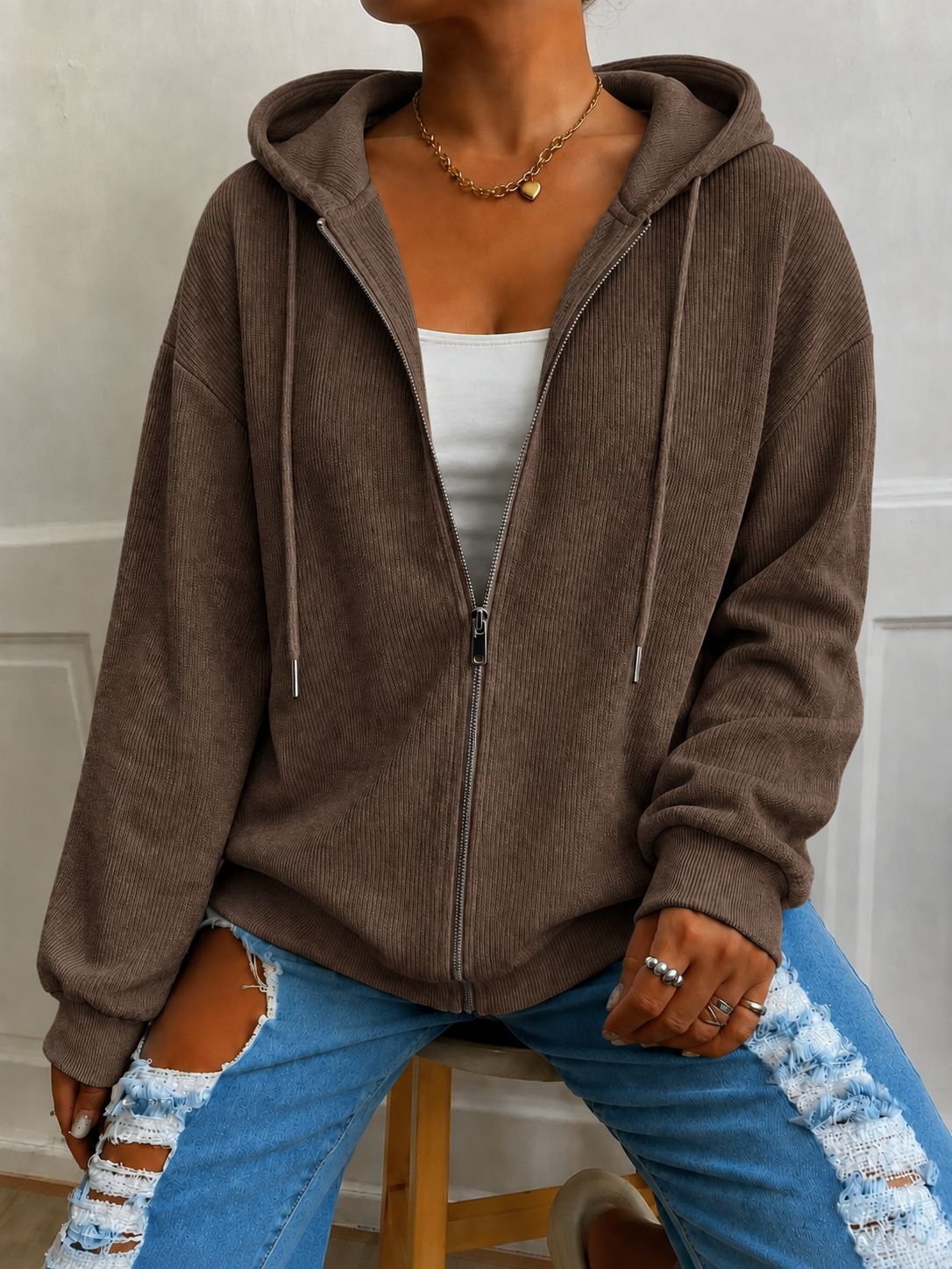 Women's Casual Loose Hooded Zip Knit Cardigan Textured Long Sleeve Outerwear