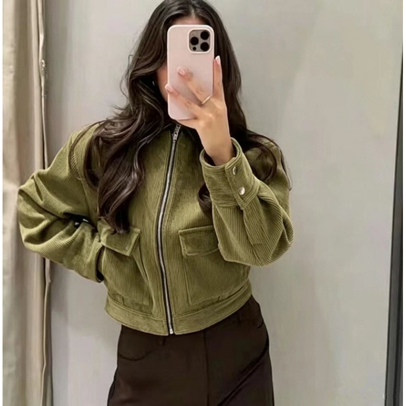 Corduroy Paneled Faux Leather Collar Jacket Women's Casual