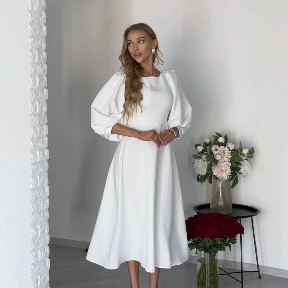 Solid Open-Back Lantern Sleeve Tie-Waist Long Dress