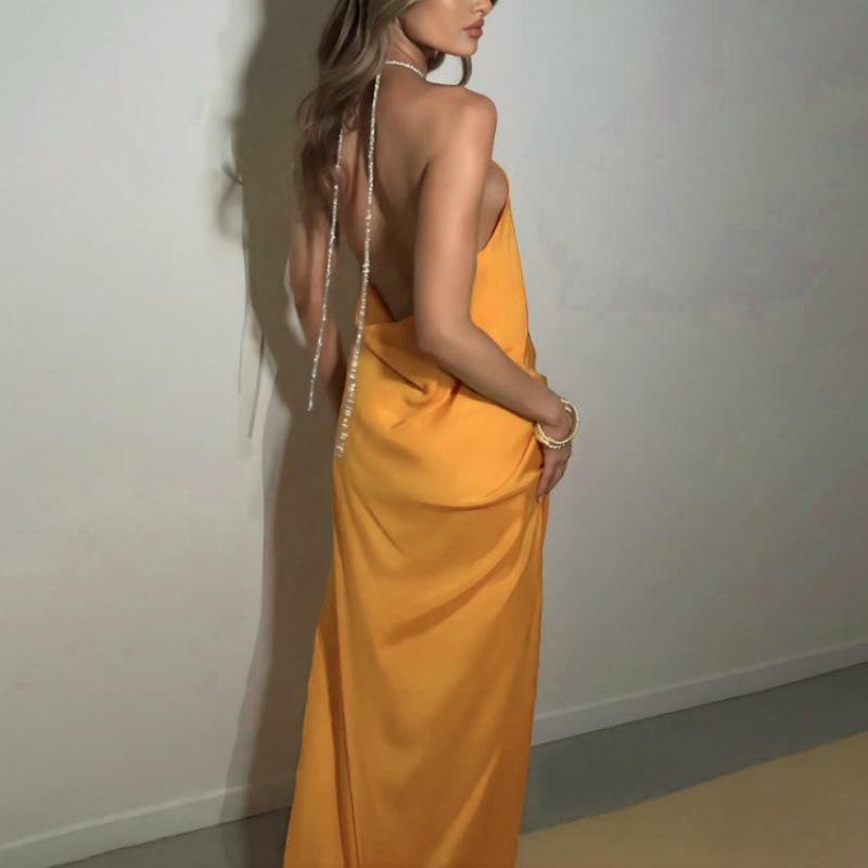 Satin Halter Neck Backless High Slit Bodycon Long Dress