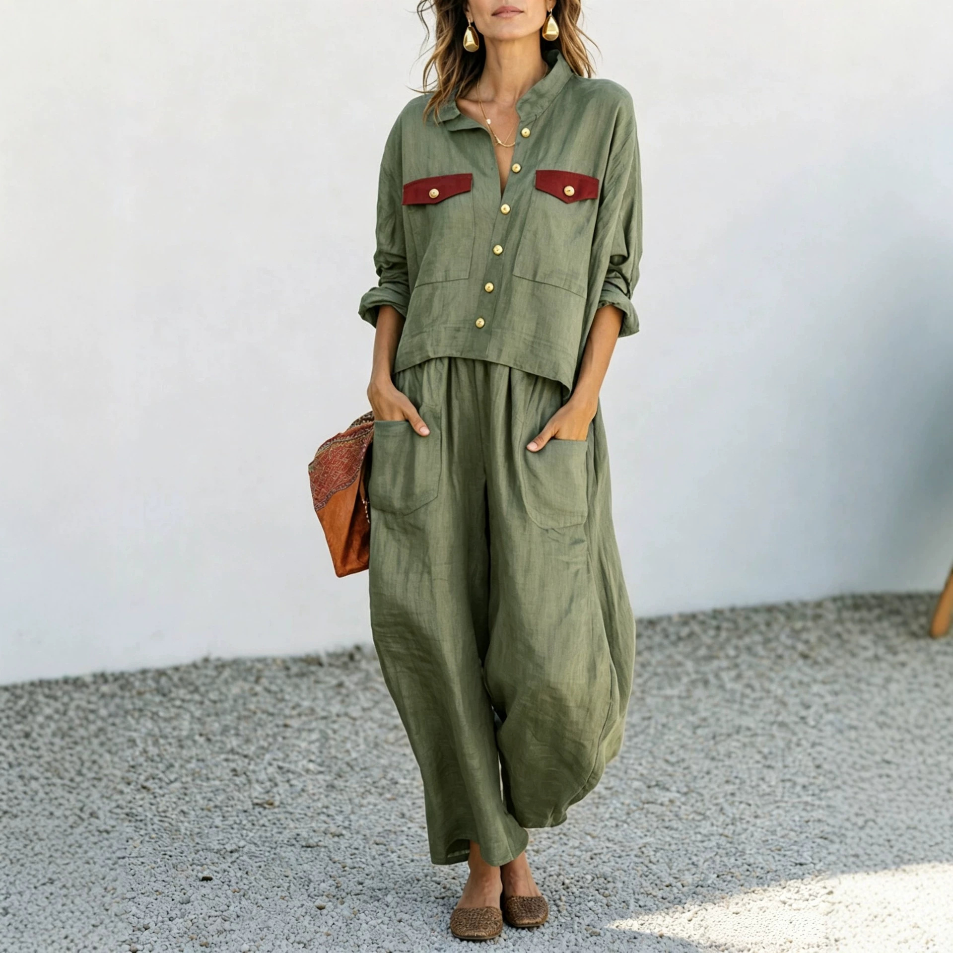 Women's Casual Loose Button Shirt and Wide-Leg Pants Two-Piece Set
