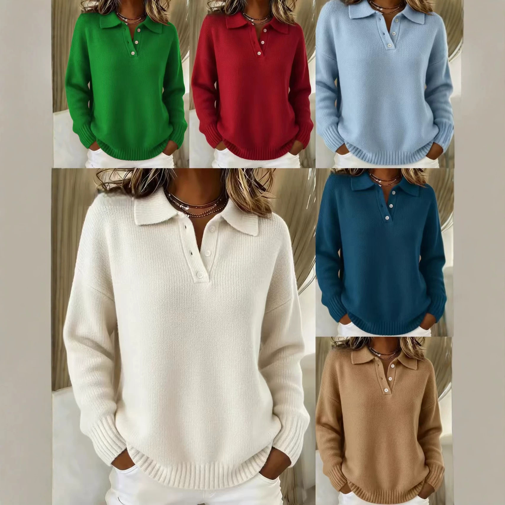 Women's Loose Relaxed Soft Knit Sweater with Collar and Buttons Long Sleeve