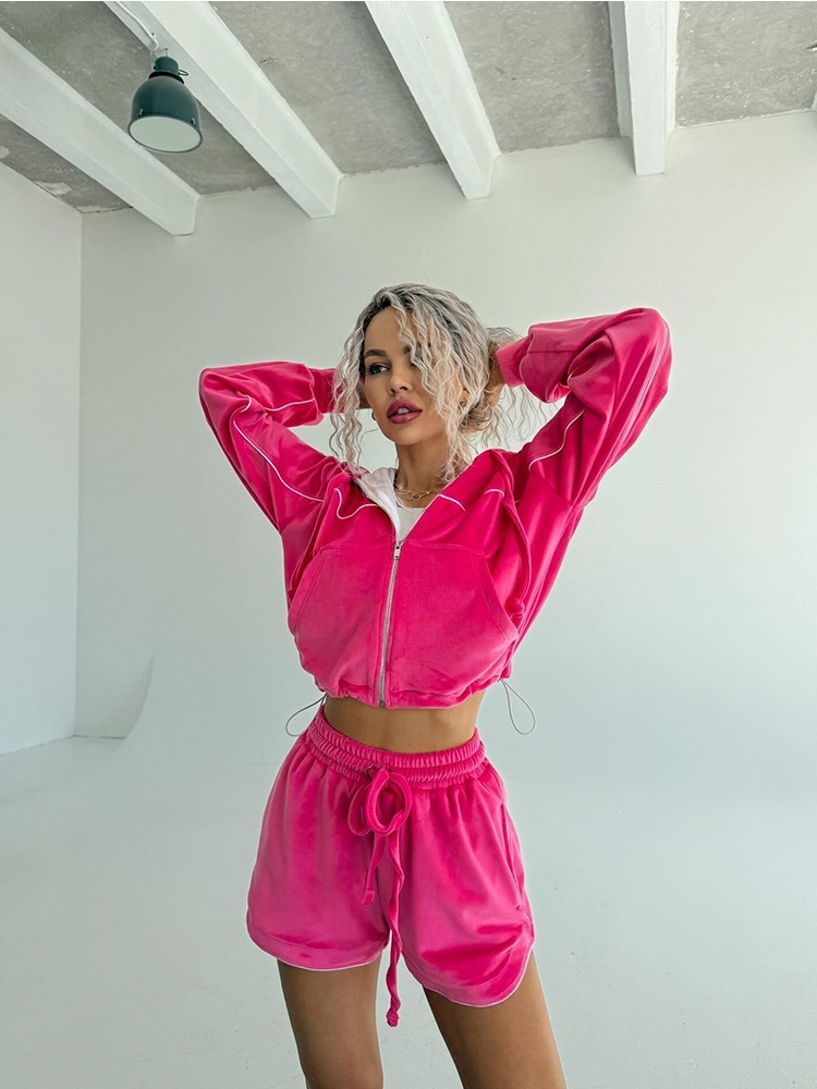 Women's Velvet Zip-Up Hooded Cardigan and Shorts Set with Pockets