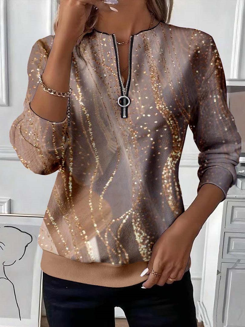 Women's Boho Print Long Sleeve Zip-Up Sweatshirt Casual Top