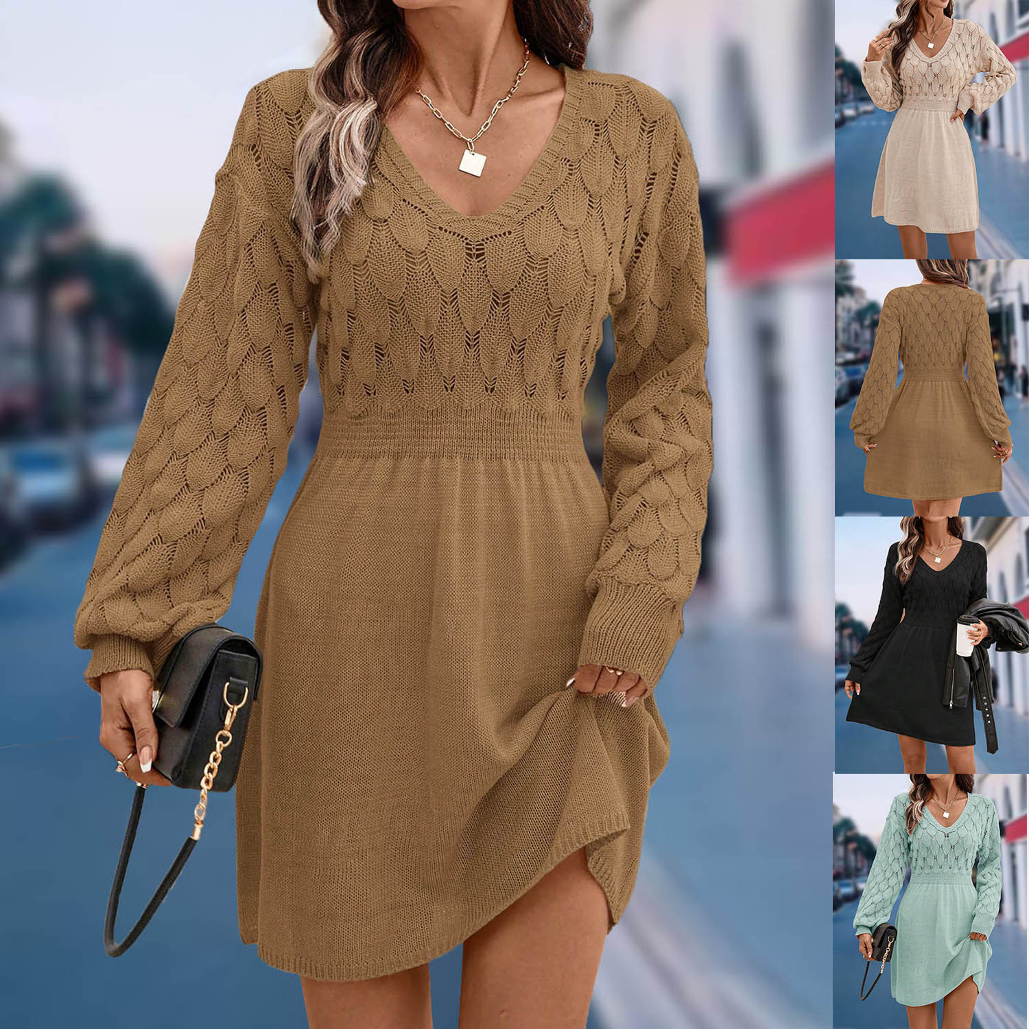 V-Neck Crochet Scale Pattern A-Line Long Sleeve Dress