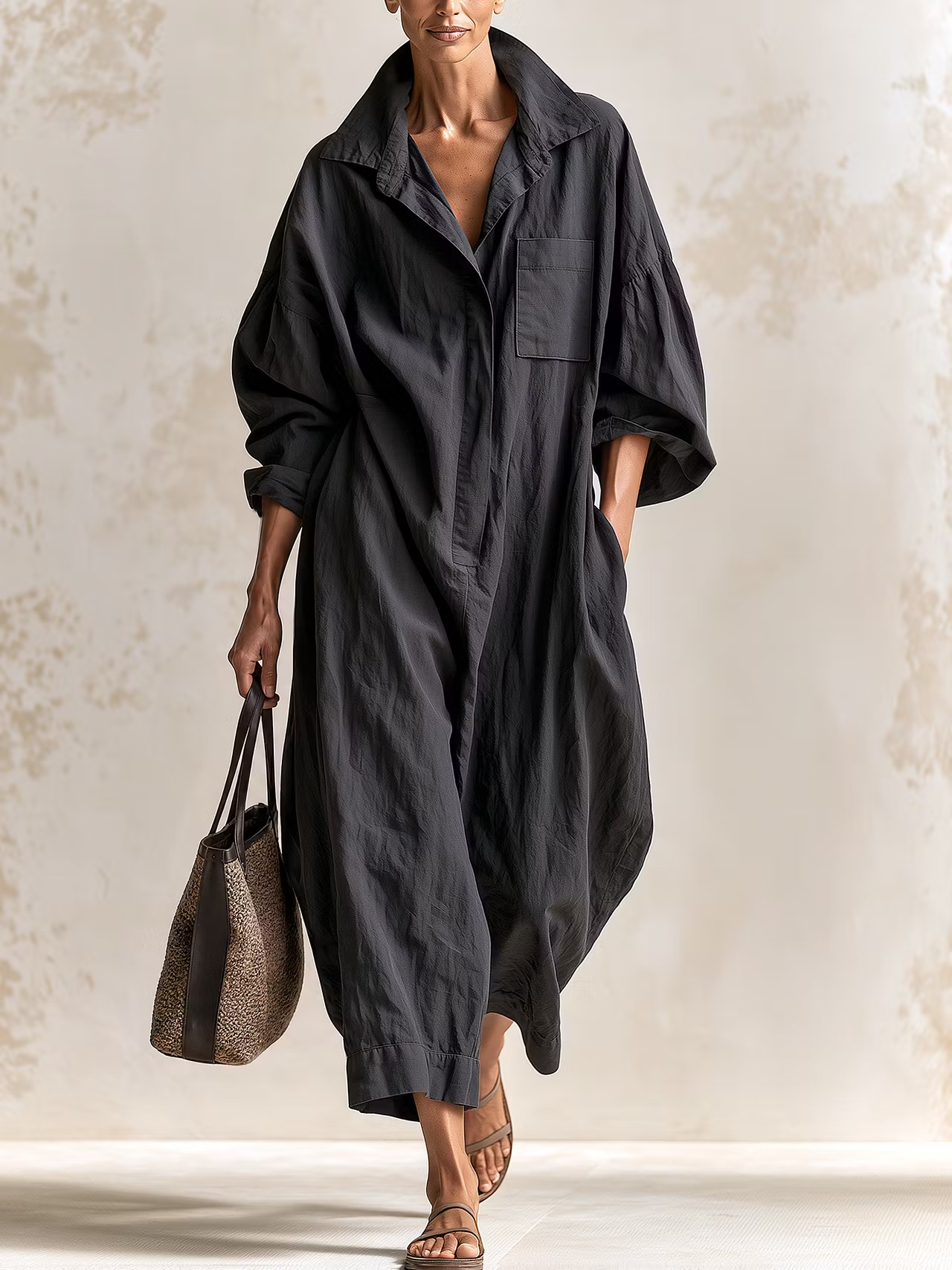 Cotton-Linen Collared Long-Sleeve Wide-Leg Jumpsuit