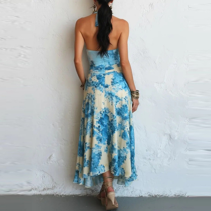 Floral Print Sleeveless Halter Neck Long Bodycon Dress