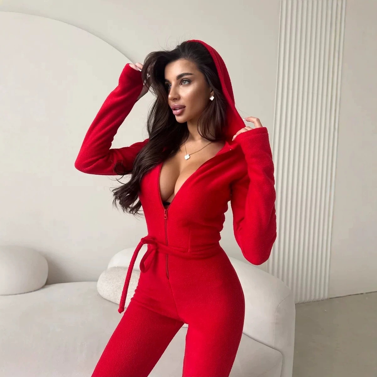Fleece Slim-Fit Hooded Jumpsuit with Full Front Zip and Waist Tie