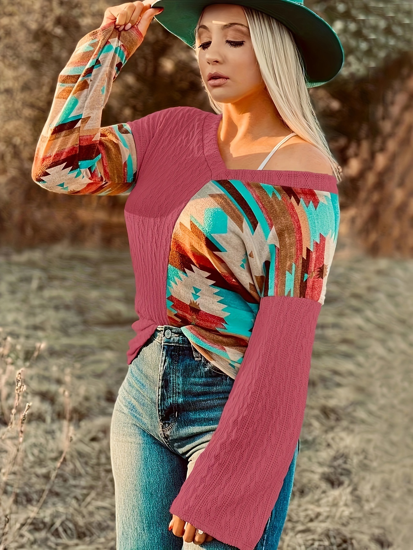 Women's Knit Sweatshirt Colorblock Print Long-Sleeve Pullover