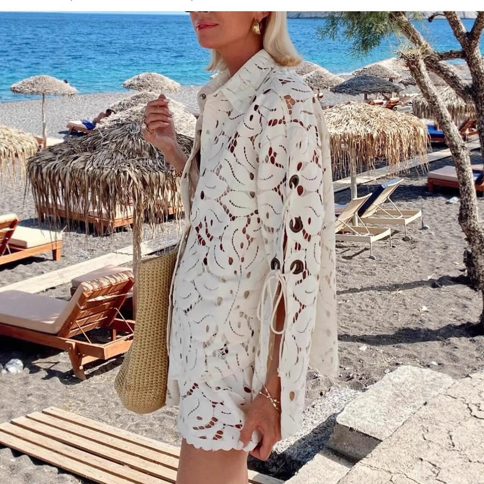 Women's Lace Cutout Collared Long Sleeve Top and Shorts Two-Piece Set