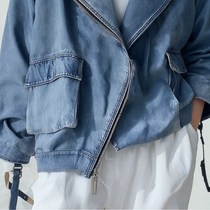 Blue Denim Zip Bomber Jacket with Collar