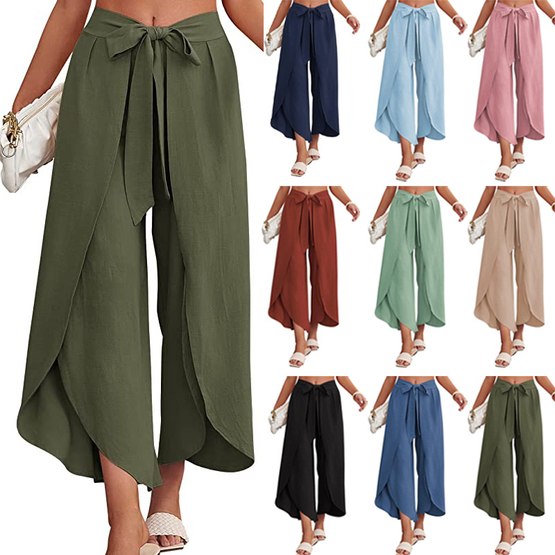 Boho High-Waist Split Wide-Leg Pants with Belt
