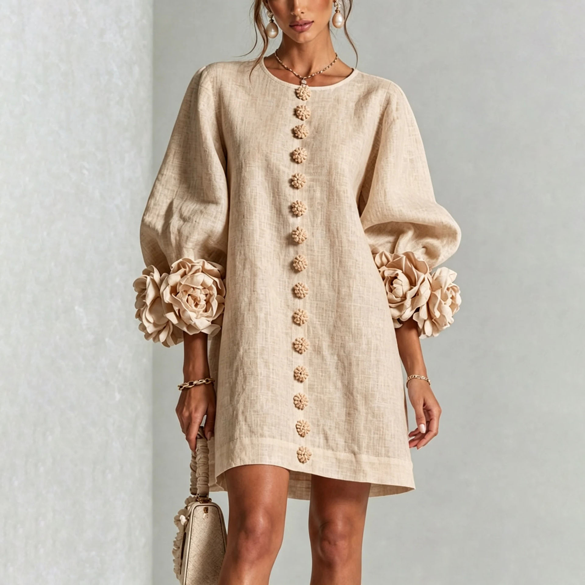Women's French Style 3D Floral Lantern Sleeve Dress