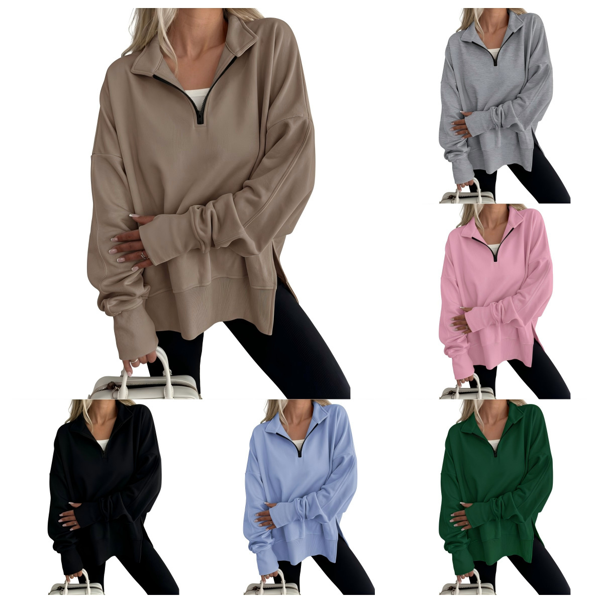 Side Slit Half-Zip Collared Solid Color Pullover Sweatshirt for Women