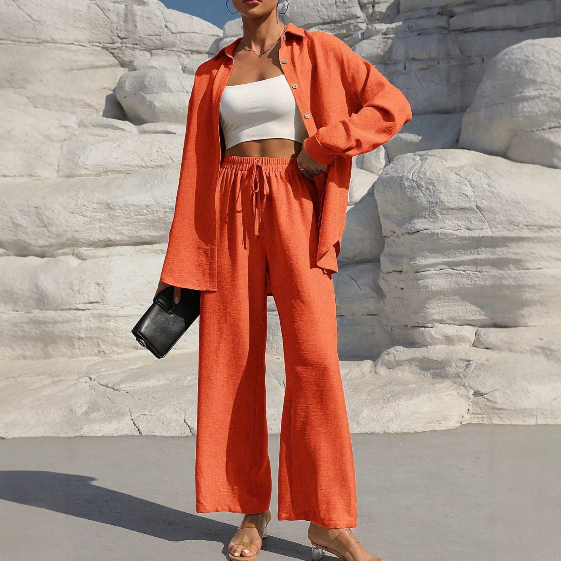 Women's Plus Size Long Sleeve Cardigan & Pants Two-Piece Set Solid Color Casual
