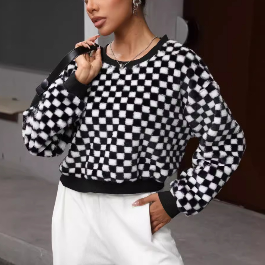 Women's Loose Round Neck Black and White Plaid Long Sleeve Fleece Pullover Hoodie