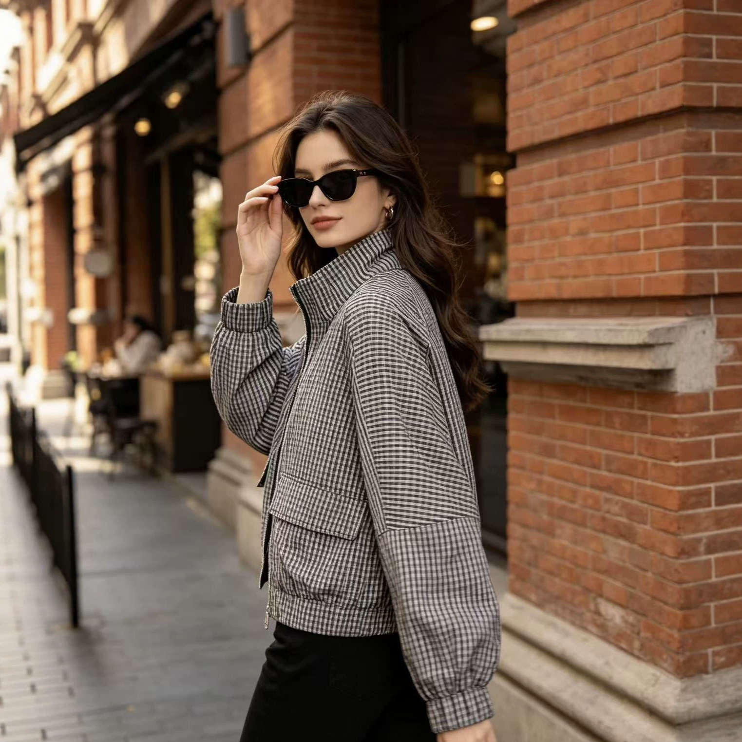 Women's Loose Fit Zip-Up Jacket with Stand Collar and Black & White Plaid
