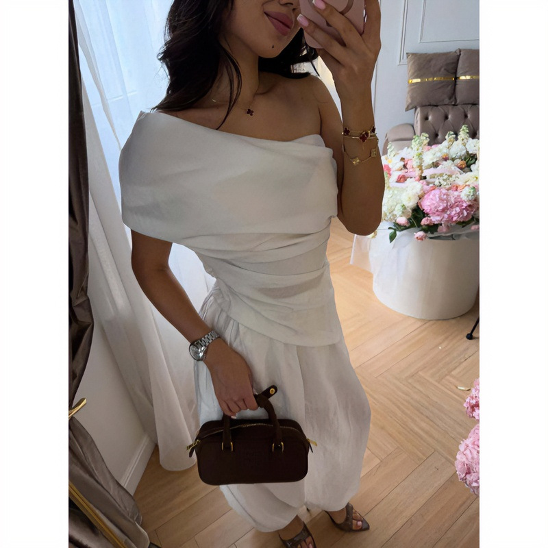 Women's Summer One-Shoulder Short-Sleeve Top & Wide-Leg Pants Set Solid Color