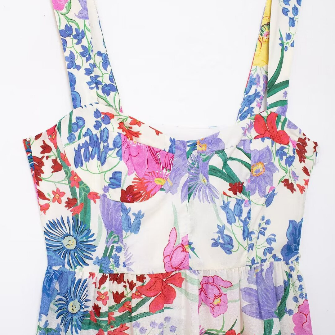 Women's Floral Print Square Neck Sleeveless A-Line Midi Dress