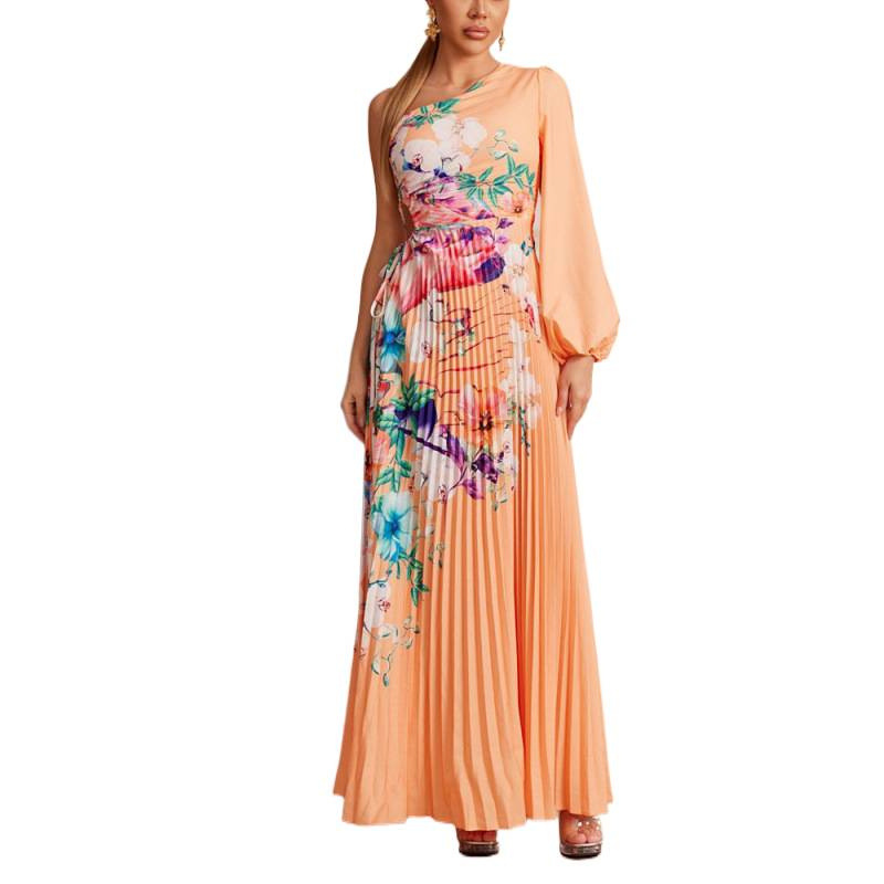 Floral Print Pleated High-Waist Asymmetric Neck Long Dress