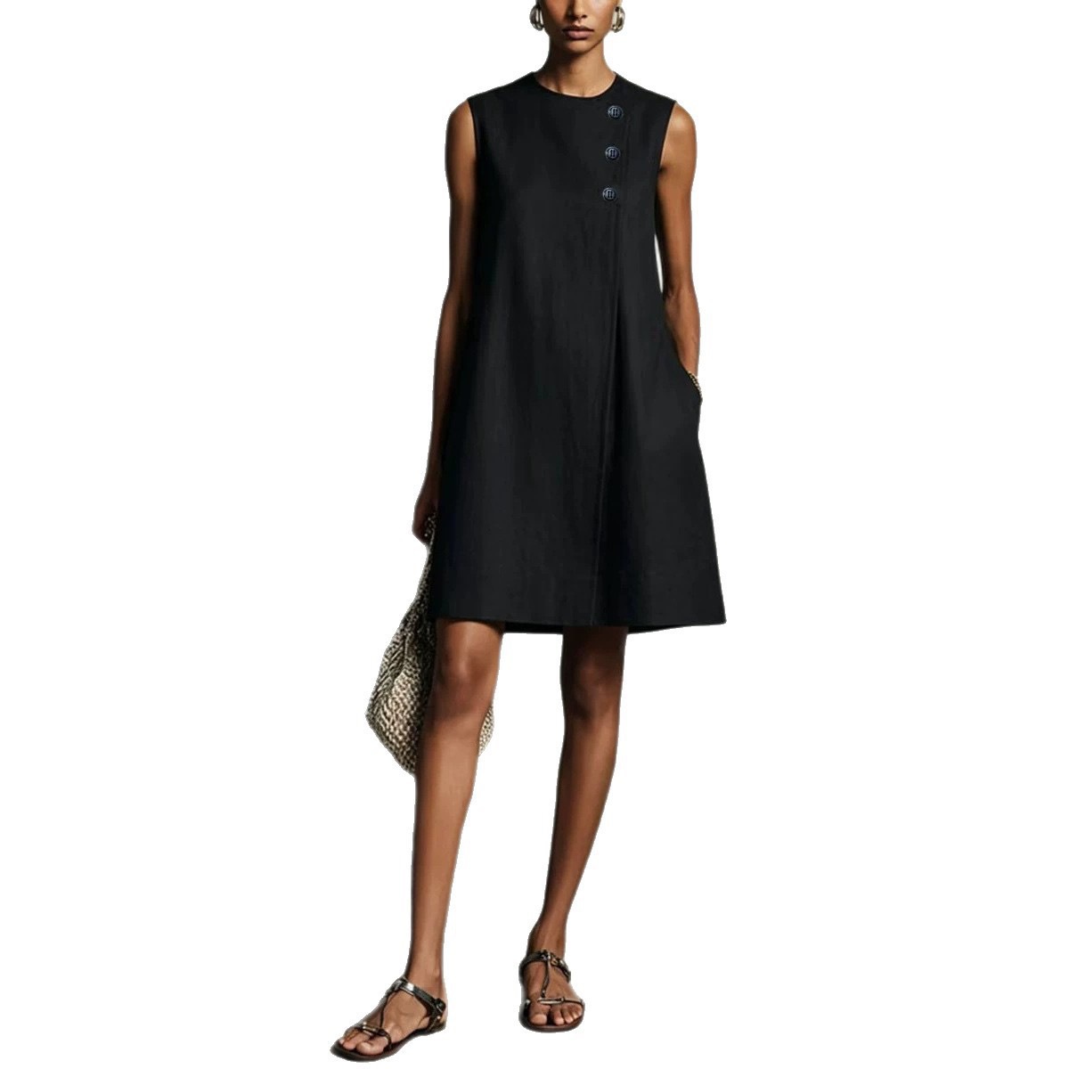 Minimalist Crewneck Sleeveless Dress with Asymmetric Buttons and Side Pockets