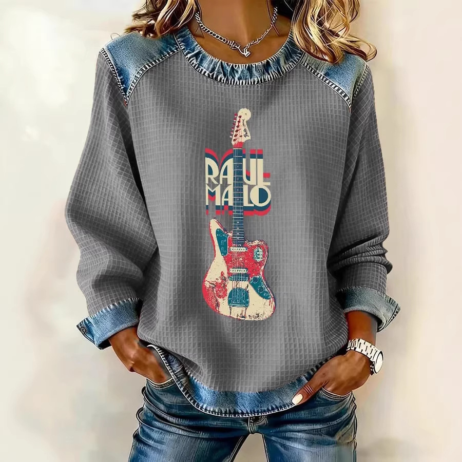 Women's Letter Guitar Print Crewneck Sweatshirt