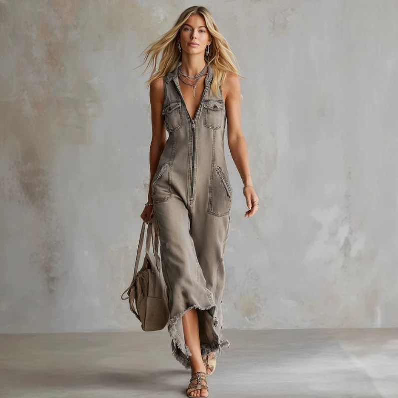 Vintage Washed Khaki Denim Sleeveless Jumpsuit