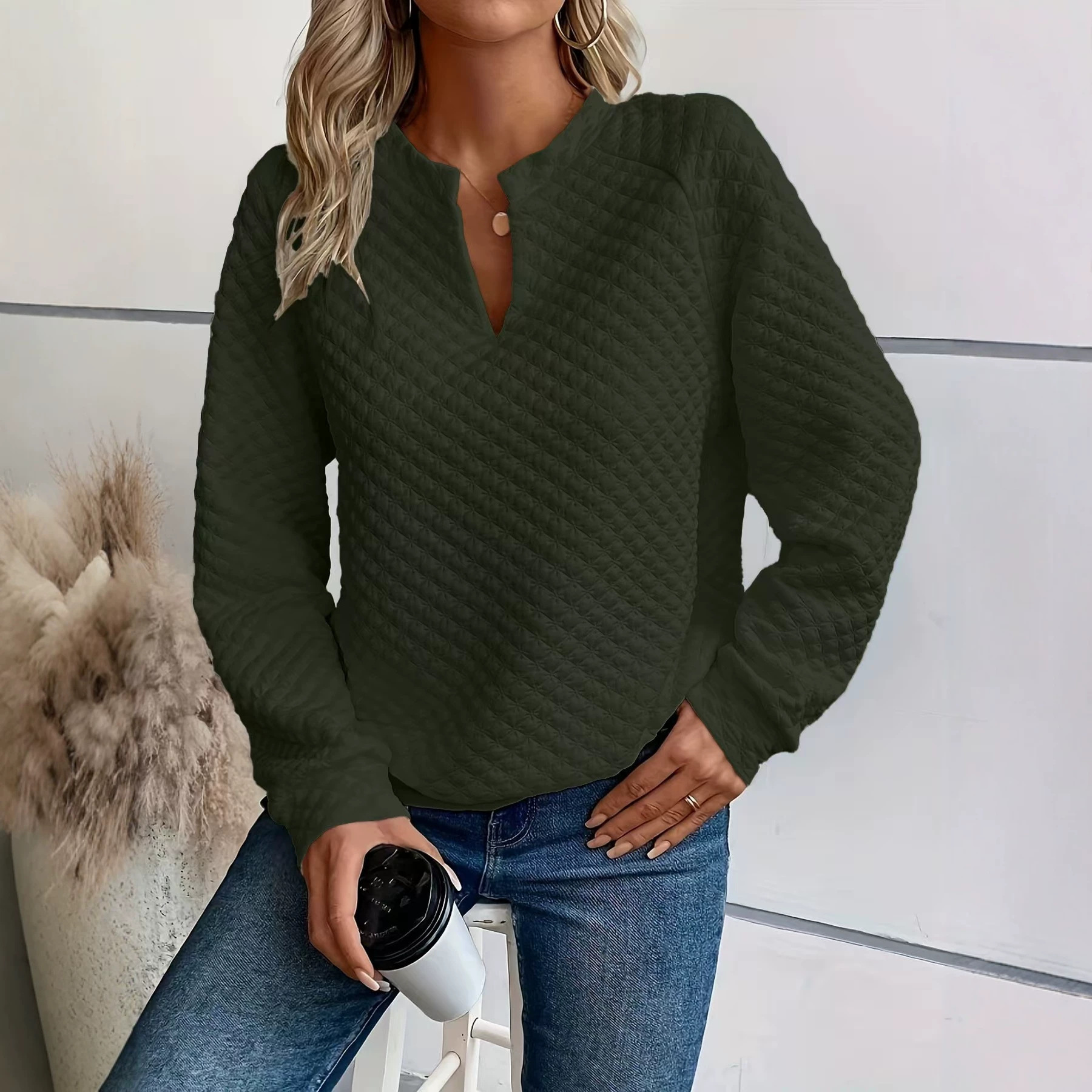 Women's Solid Deep V-Neck Long Sleeve Casual Sweatshirt