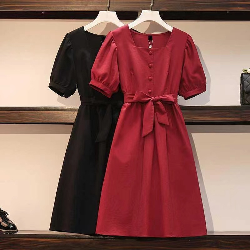 Women's Midi A-Line Dress with Short Sleeves and Cinched Waist