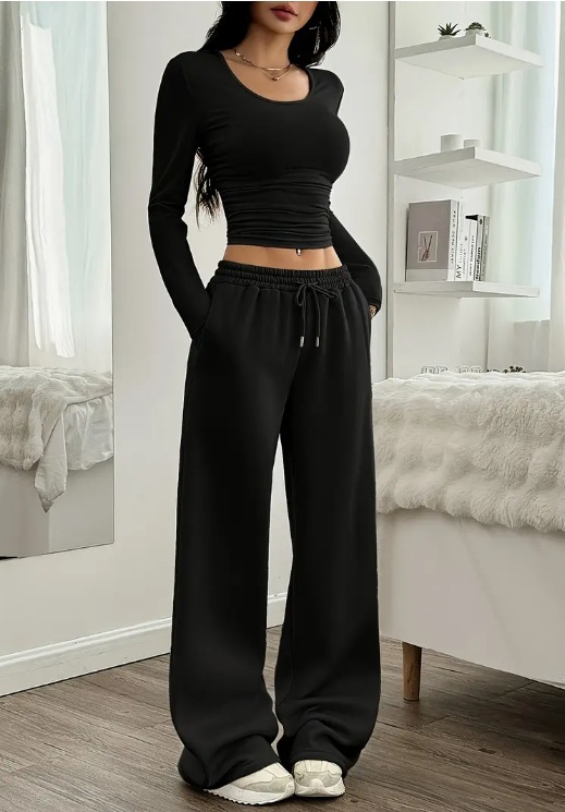 Women's Casual Wide-Leg Two-Piece Set Long Sleeve Crew Neck Solid Color Slim Fit
