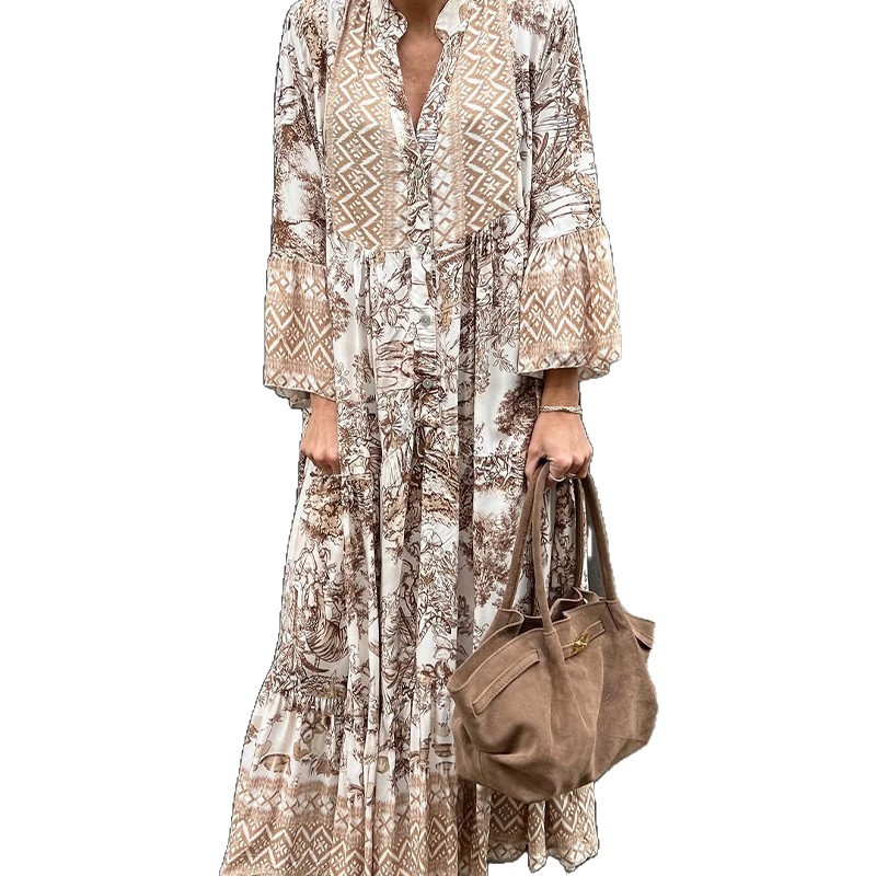 Floral Tie-Dye Print Bell Sleeve Long Dress