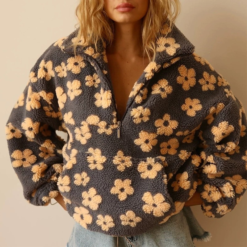 Women's Faux Shearling Floral Print Loose Zip Hoodie Long Sleeve Top