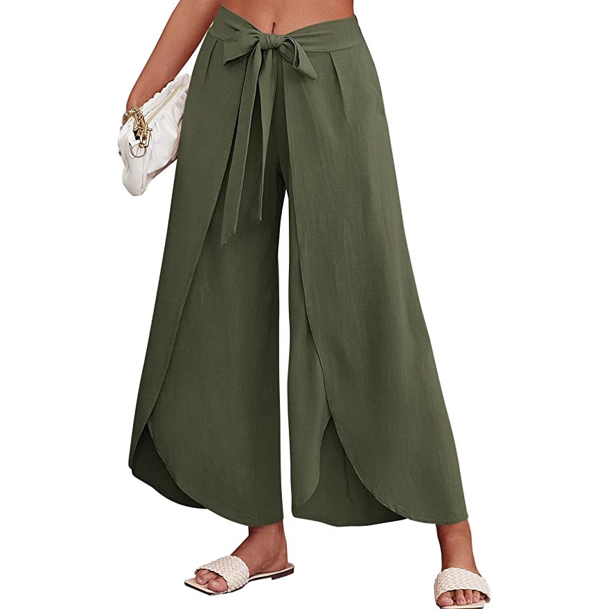 Boho High-Waist Split Wide-Leg Pants with Belt