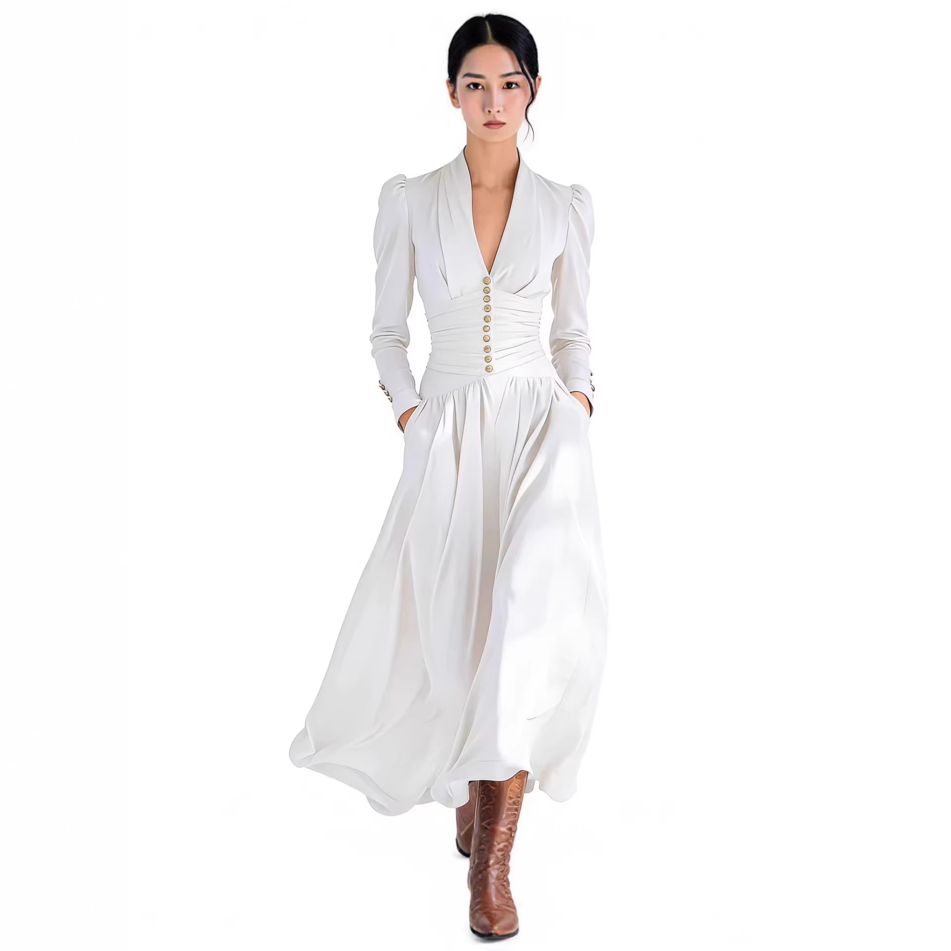 Elegant V-Neck Puff Sleeve Long Sleeve Maxi Dress with Cinched Waist