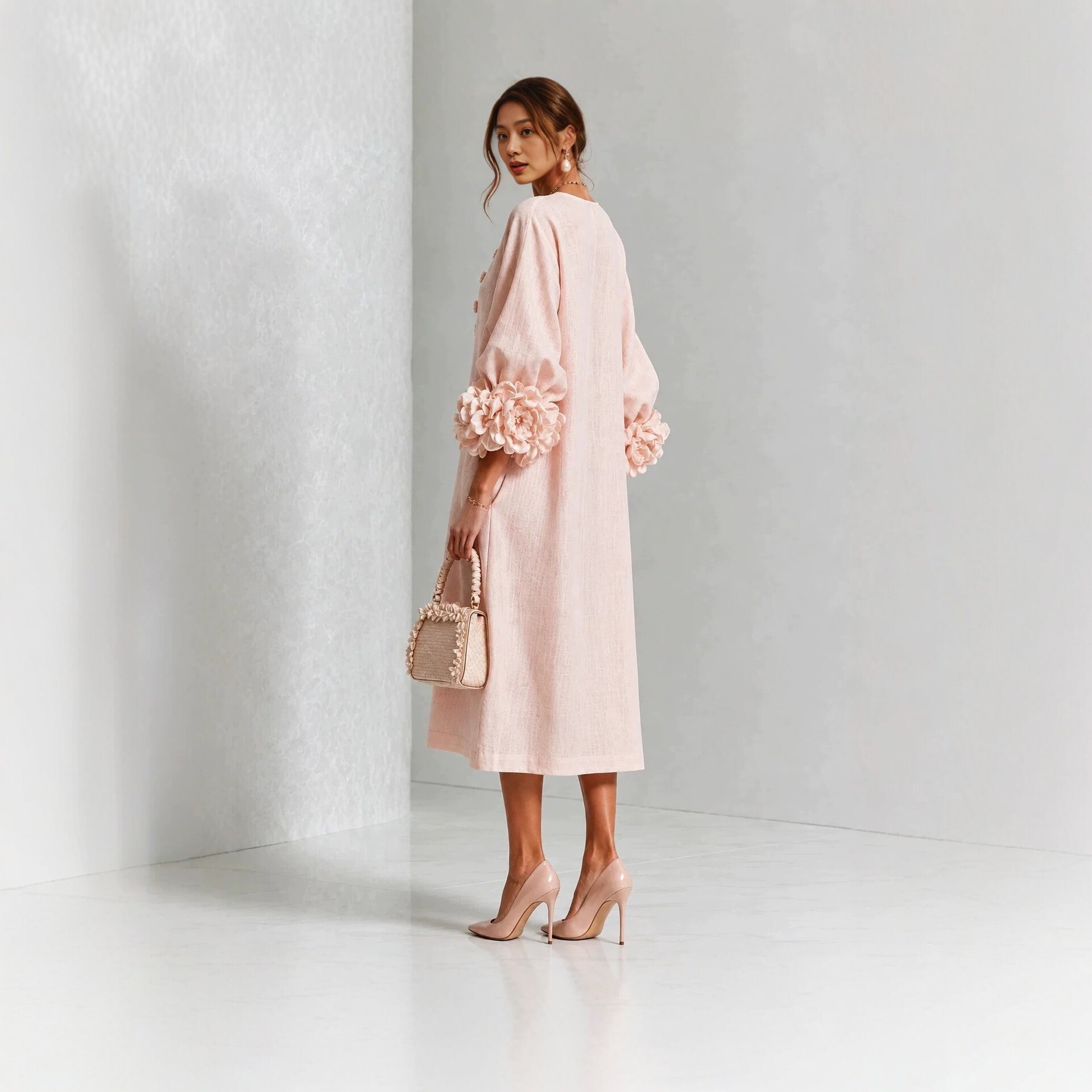 French-Style 3D Floral Lantern-Sleeve Cotton-Linen Midi Dress