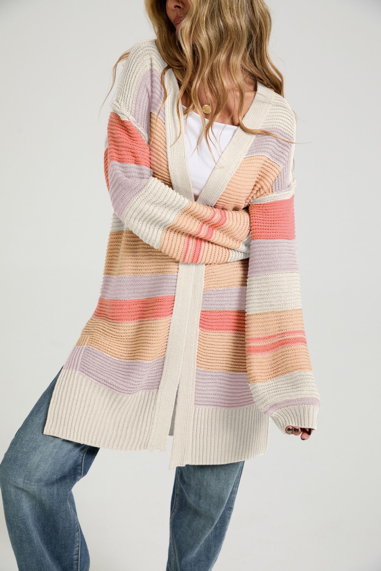 Color-Block Slit Long-Sleeve Cardigan Knit Sweater