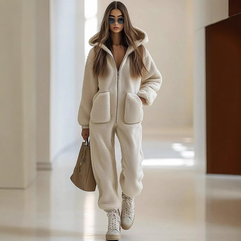 Women's Hooded Fleece Jumpsuit with Pockets Straight Leg Loose Fit
