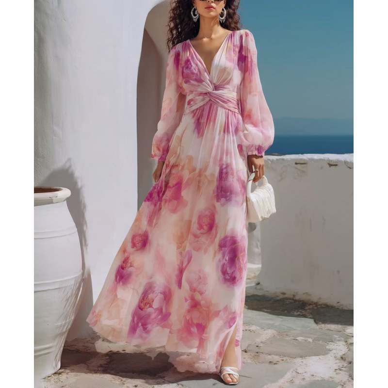 Floral Print V-Neck Long Sleeve Maxi Dress