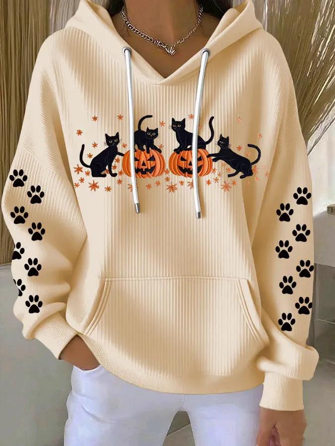 Women's Halloween Cat Pumpkin Paw Print Hoodie