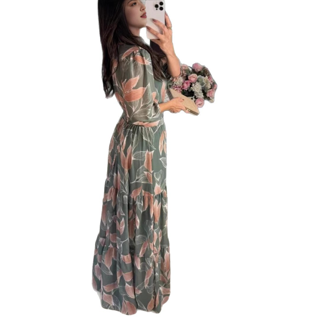 Women's V-Neck Floral Print Long Dress with Lantern Sleeves