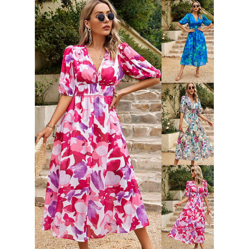 V-Neck Chiffon Floral Print High-Waist Maxi Dress