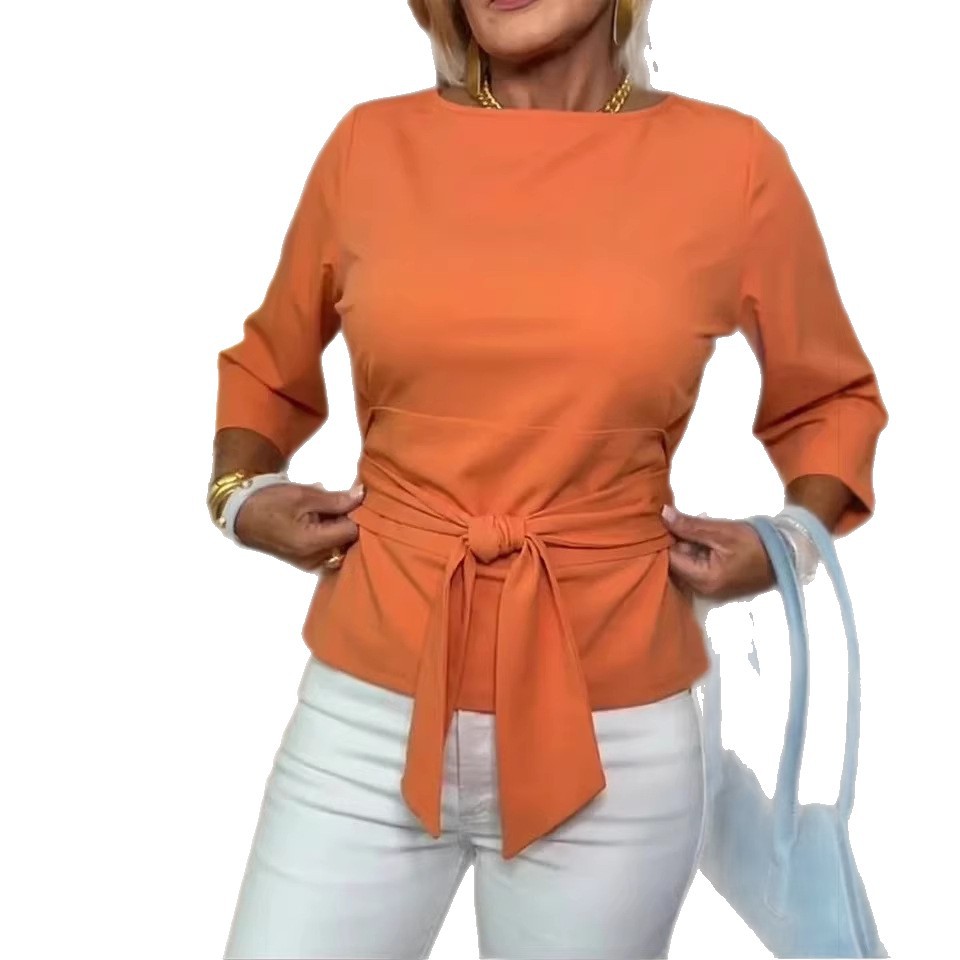 Butterfly Knit Top Slim Fit Crew Neck Seven Sleeve