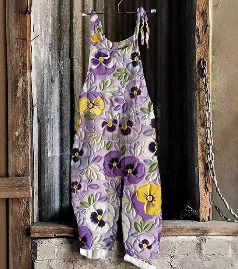 Women's Vintage Floral Print Sleeveless Jumpsuit Casual Tie-Waist
