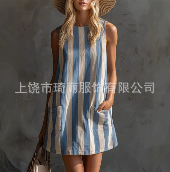 Red and White Vertical Striped Sleeveless Round Neck Straight Short Dress with Pockets