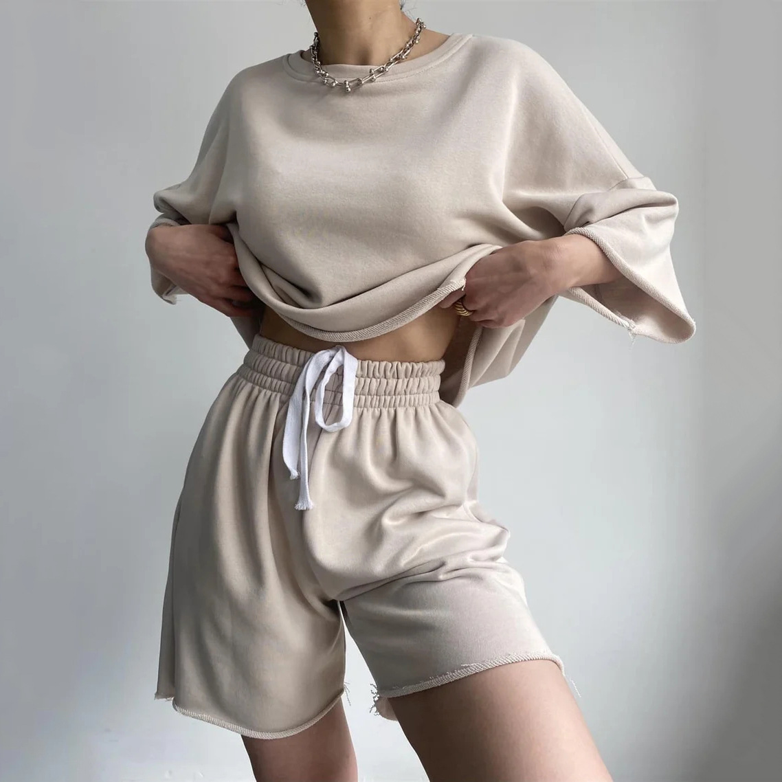 Women's Casual Two-Piece Set Short Sleeve Crew Neck Drawstring Shorts