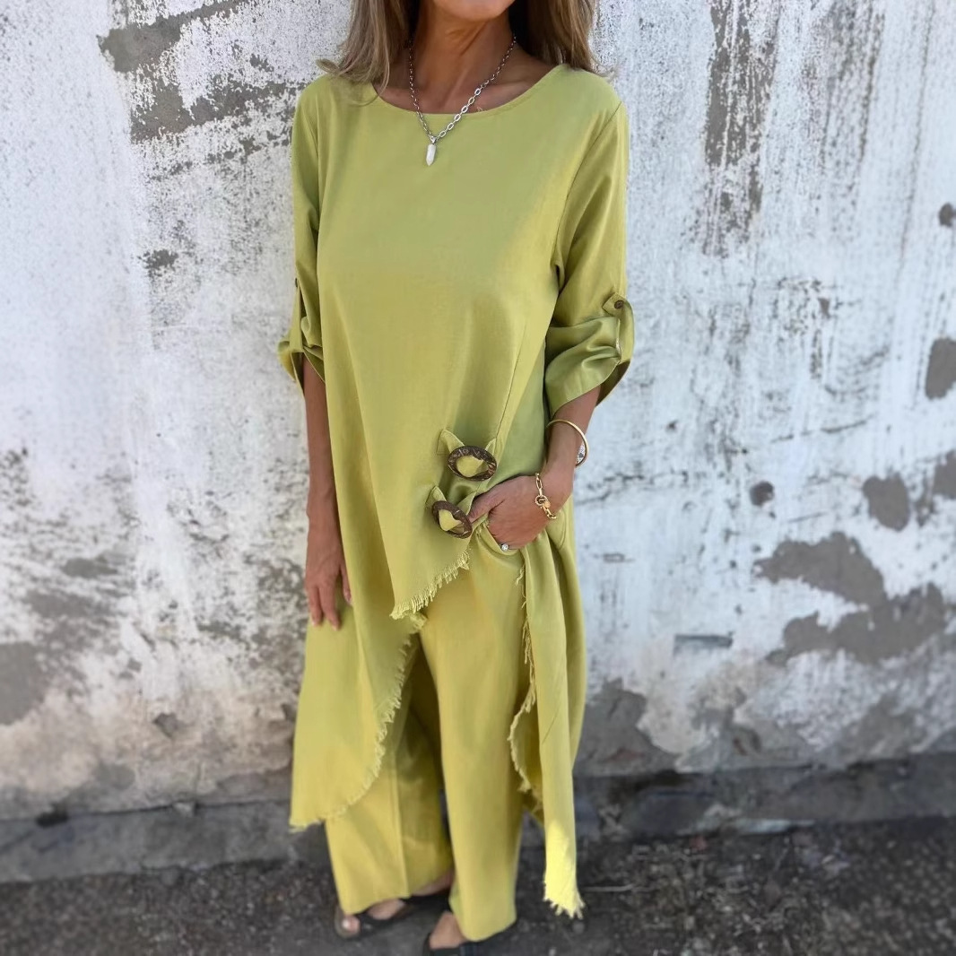 Metal Buckle Loose Irregular Long Robe Set