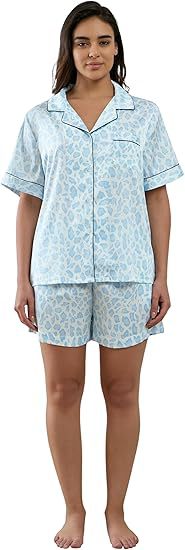 Women's Cuban Collar Satin Striped Print Short Sleeve Shirt Set
