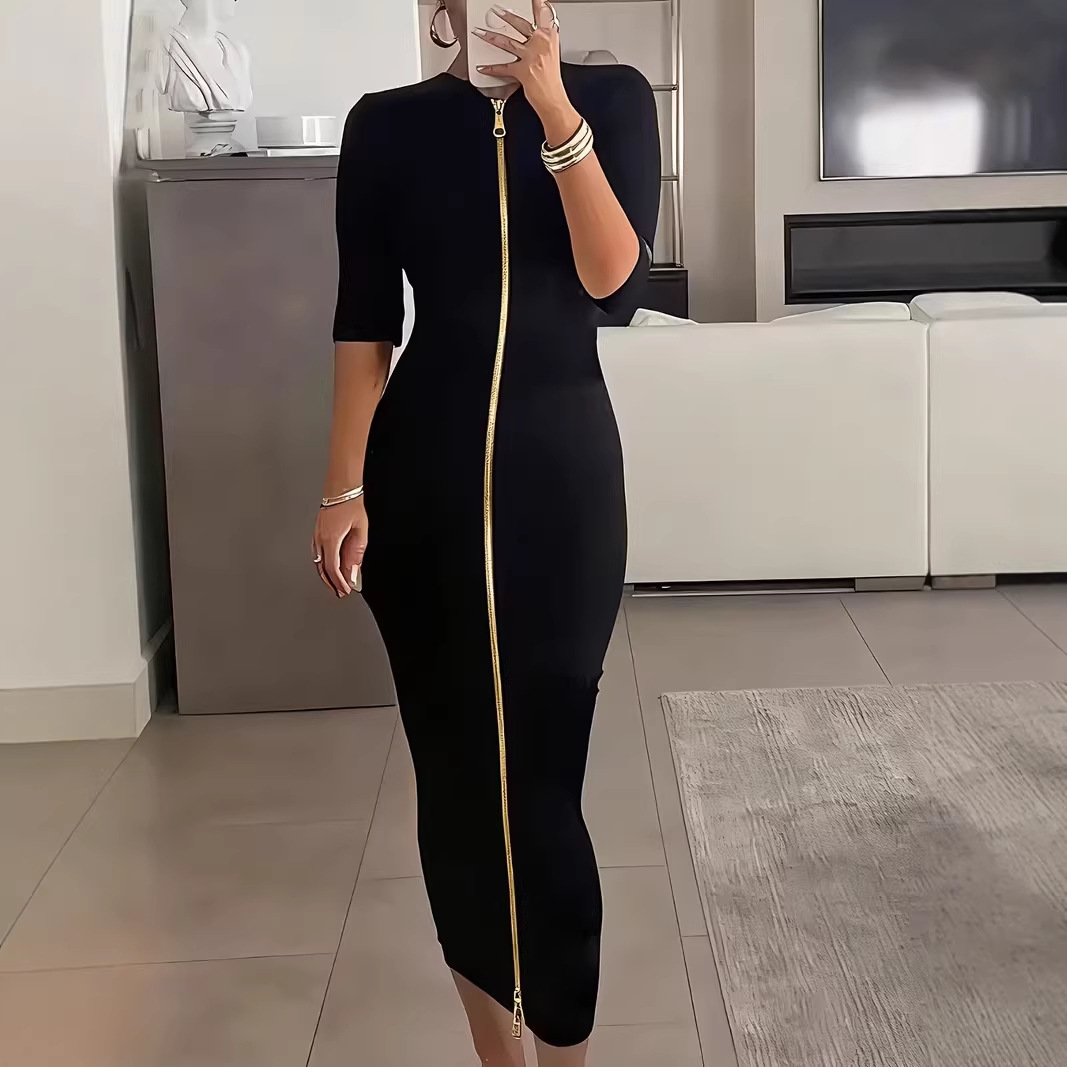 Women's Sexy Bodycon Midi Dress with Zip Short Sleeve