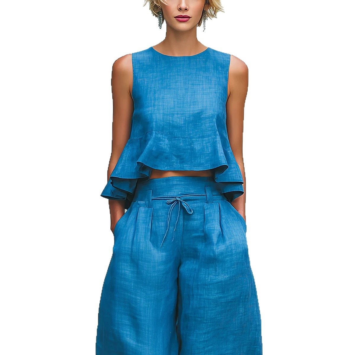 Sleeveless Ruched Tank Top & Wide-Leg Pants Cotton-Blend Set