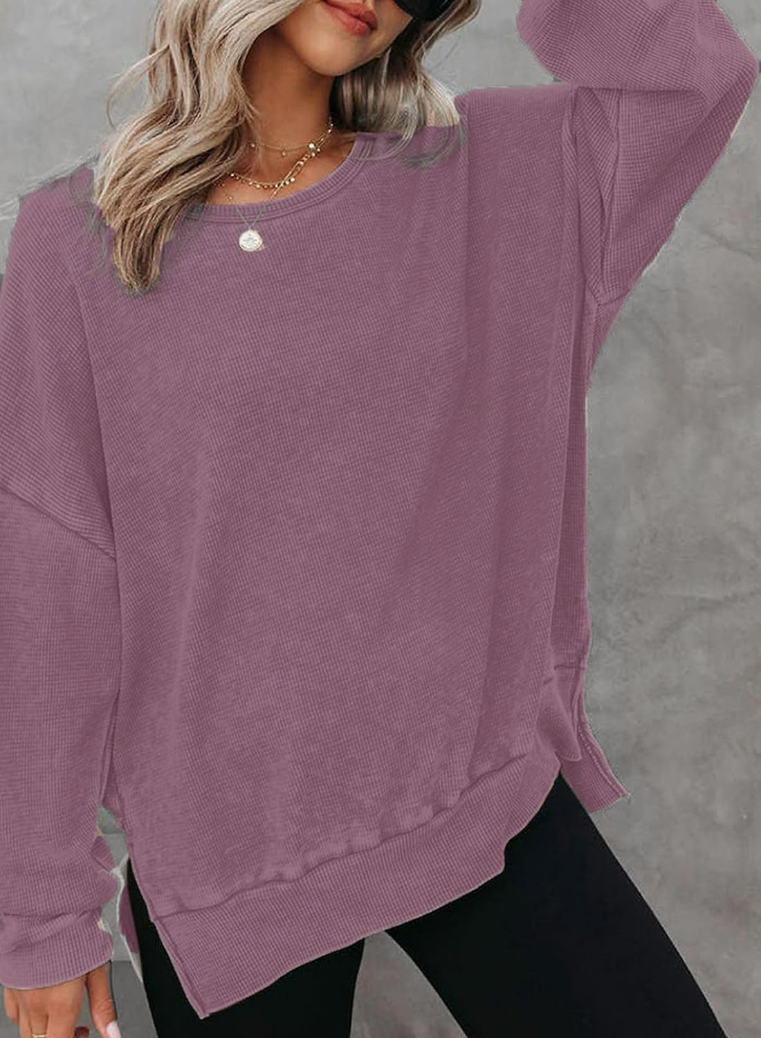 Women's Waffle Knit Crewneck Long Sleeve Side Slit Pullover Top